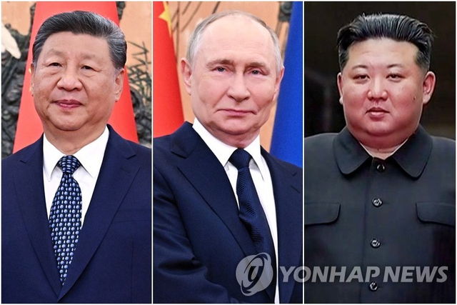 왼쪽부터 시진핑 중국 국가주석, 블라디미르 푸틴 러시아 대통령, 북한 김정은 국무위원장. [북한 조선중앙통신·AP=연합뉴스 사진 갈무리]
