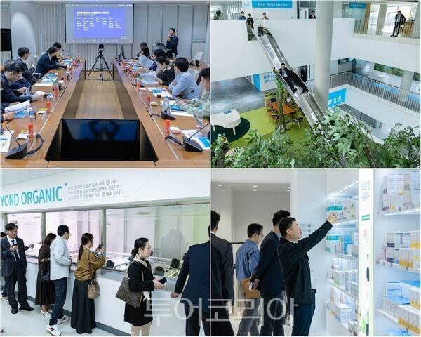 ▲(上)왼쪽부터 시계방향. 외신기자들이 애터미 글로벌 시장 현황에 대해 듣고 있다. 애터미 본사 투어, 애터미 브랜드 쇼룸 견학, 애터미 오롯 스마트팜을 둘러보고 있는 모습. /사진-애터미(편집 류석만 기자)