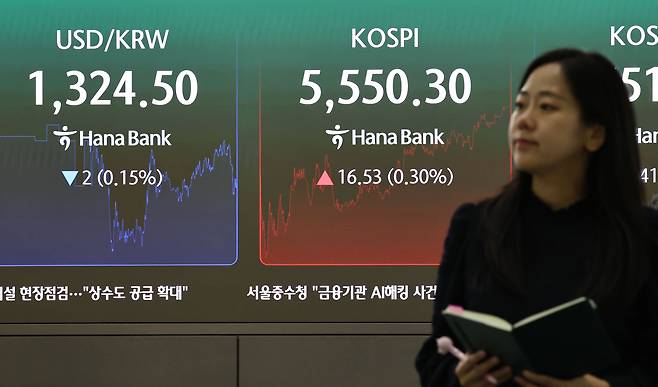 지난 23일 오후 서울 중구 하나은행 딜링룸 전광판에 코스피 지수 등 시황이 표시되고 있다. /뉴스1