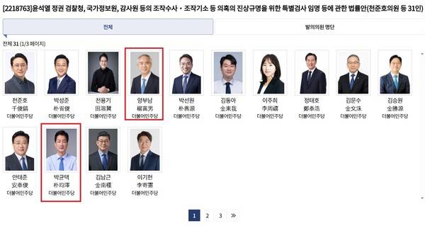 ▲이른바 공소취소(조작기소) 특검법 공동발의자 명단에 포함된 양부남 박균택 의원(일부 강조표시) 사진=국회 의원정보시스템 갈무리