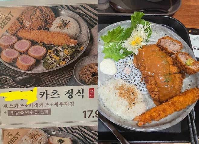 메뉴판에서는 안심 돈가스 5조각 사진을 올리고 실제로는 2조각만 제공해 비판받은 돈가스 식당. 논란 이후 본사에서 사과와 재발 방지를 약속했다. [보배드림 캡쳐]