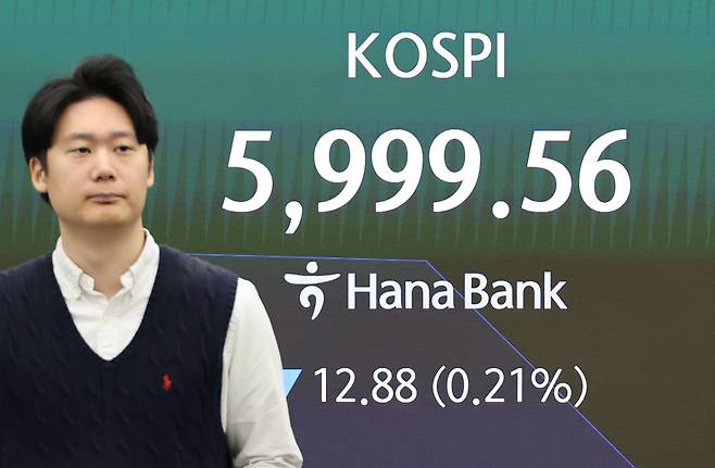 29일 서울 중구 하나은행 딜링룸 현황판에 코스피가 표시되고 있다.      이날 오전 9시 2분 현재 코스피는 전장보다 12.88포인트(0.21%) 내린 5,999.56, 코스닥 지수는 전장보다 7.14포인트(0.93%) 내린 764.14다. [연합]