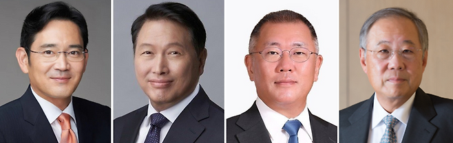 이재용(왼쪽부터) 삼성전자 회장, 최태원 SK그룹 회장, 정의선 현대차그룹 회장, 류진 한국경제인협회 회장