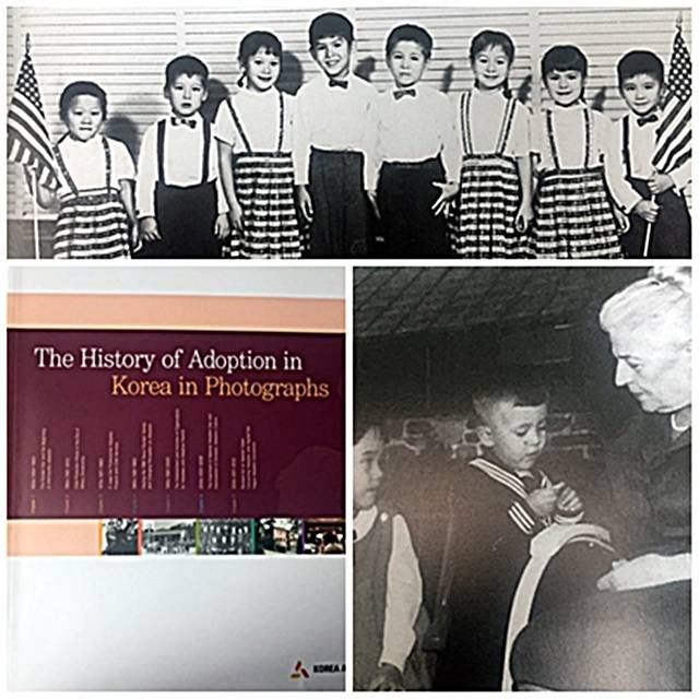 ▲ 본문에 인용된 사진들은 중앙입양원이 발간한 '사진으로 보는 한국의 입양 역사'(The History of Adoption in Korea in Photographs)에 실린 것을 재인용했다. 맨 위의 사진은 홀트 부부가 입양한 8명의 한국 아동. 오른쪽은 중앙입양원이 발간한 책자. 왼쪽은 혼혈아동과 함께 있는 펄 벅 씨. 소설가이기도 그녀는 한국전쟁 직후 고아들을 위한 사회복지시설을 만들었다. 펄벅 재단을 통해서도 미국과 호주에 2만4000여 명이 입양된 것으로 기록됐으나 한국 정부의 공식 통계에는 이 숫자가 누락돼 있다. ⓒ중앙입양원