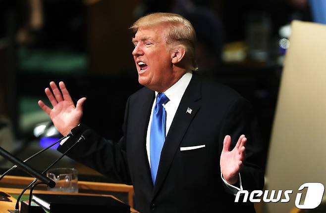 도널드 트럼프 미국 대통령이 19일(현지시간) 취임 후 처음으로 유엔총회 기조연설을 했다. © AFP=뉴스1