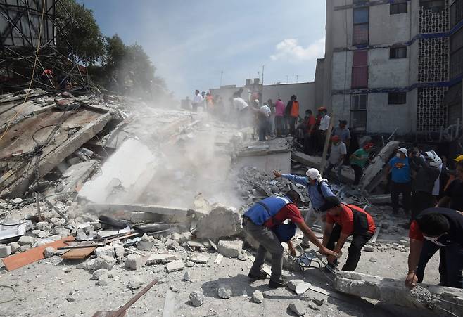 19일(현지시간)  오후 1시 15분께 멕시코에서 발생한 규모 7.1의 강진으로 건물이 붕괴되고   수십명이 사망하는 등 큰 피해가 발생했다. 수도 멕시코시티의 건물 잔해에서 부상자를 찾고 있는 시민들. /AFPBBNews=뉴스1