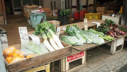[교도=연합뉴스 자료사진] 무나 채소 잎 등이 진열된 도쿄도 고마에시에 있는 농산물직매장의 작년 3월 모습. 100엔 표시가 많다.