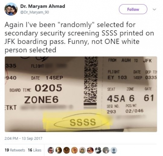 한 여행객이 반복되는 'SSSS' 표시에 불쾌감을 드러내며 트위터에 항공권 사진을 올렸다./사진=트위터 캡처