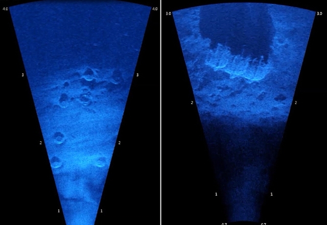 수중초음파카메라로 찍은 발굴해역 바다밑 유물들의 영상(왼쪽이 도자기들이며 오른쪽은 쇠솥이다.)