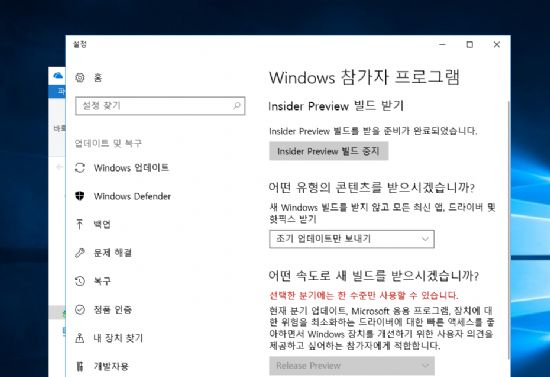 Windows 참가자 프로그램 설정을 하고 컴퓨터를 다시 시작한 뒤 설정→'업데이트 및 복구'→'Windows 참가자 프로그램' 항목 화면. '어떤 속도로 새 빌드를 받으시겠습니까?' 영역에서 'Release Preview'를 선택한다. 위 스크린샷처럼 이미 고정돼 있을 수도 있다.