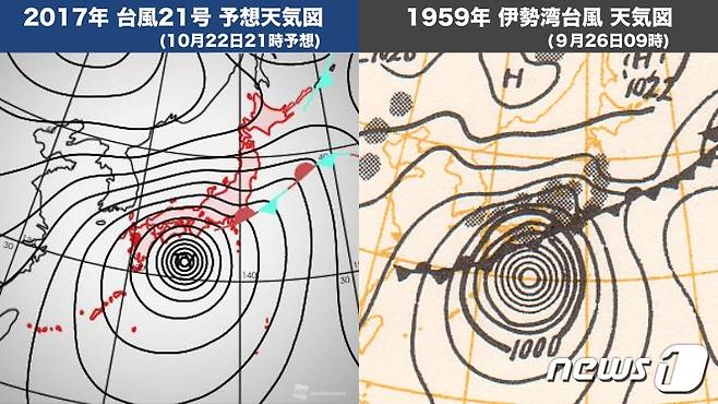 일본 '웨더뉴스'가 1959년 최악의 피해를 남긴 태풍 '베라'와 제21호 태풍 '란의 기상도를 비교하고 있다. © News1
