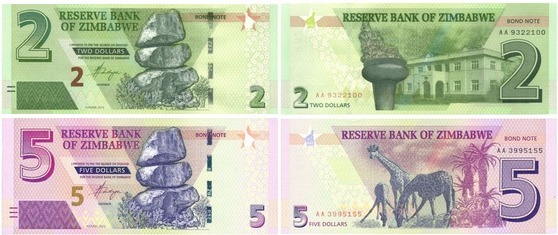 짐바브웨의 2달러짜리(위)와 5달러짜리 본드노트. 법정화폐는 아니지만, 짐바브웨 정부는 미국 달러와 1 대 1 가치를 지닌다며 사용을 권장하고 있다. [위키피디아]