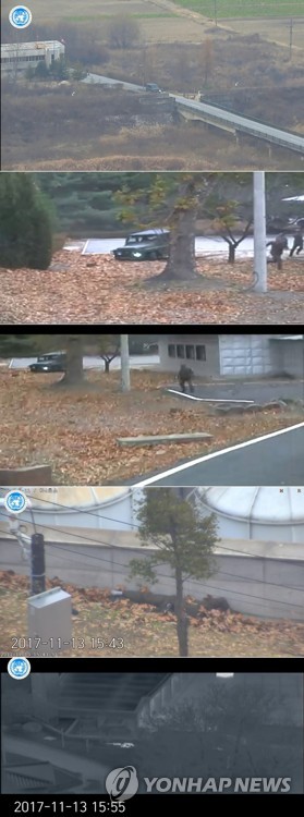 귀순 북한 병사, 자유를 향한 긴박한 순간 (서울=연합뉴스) 유엔군 사령부는 지난 13일 판문점공동경비구역(JSA)을 통해 귀순한 북한 병사의 당시 총격 상황을 담은 CCTV를 22일 공개했다.       사진 위에서부터 아래로 '72시간 다리'를 향해 달리는 북한 병사의 차량, 멈춰선 차량에서 내려 총격을 맞으며 남쪽으로 달리는 북한 병사, 잠시 군사분계선을 넘어 머뭇거리는 추격 북한 군인, 총상으로 쓰러진 귀순 북한 병사, 부상당한 귀순 북한 병사를 구조하는 JSA경비대대.  [유엔군사령부 제공=연합뉴스]      photo@yna.co.kr