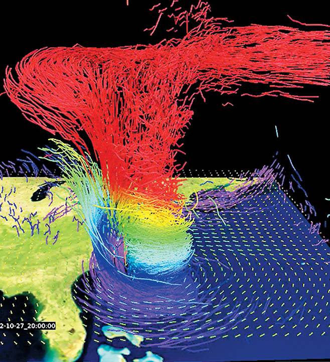 3D 시각화 기술로 구현한 태풍의 모습. 해수면에서부터 대기층까지 태풍이 어떻게 발생하고 움직이는지 한눈에 알 수 있다./NCAR