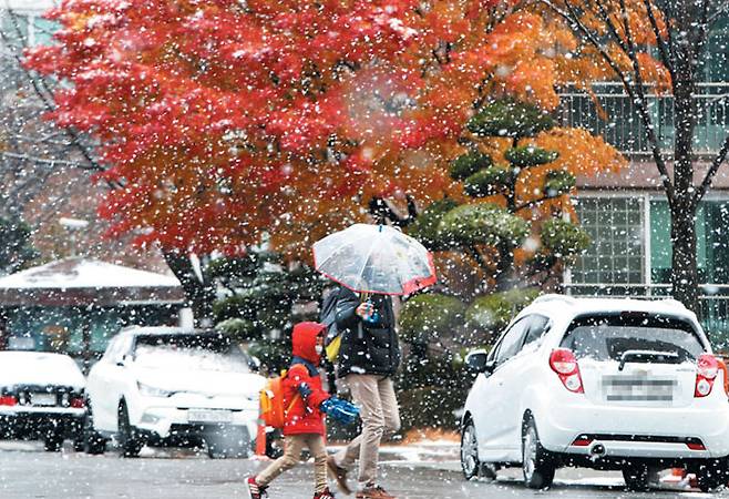 "엄마, 오늘 더 춥대요" - 24일 전국 대부분 지역에 눈이 내렸다. 대전의 한 아파트에서 사람들이 우산을 쓰고 걷고 있다. /연합뉴스