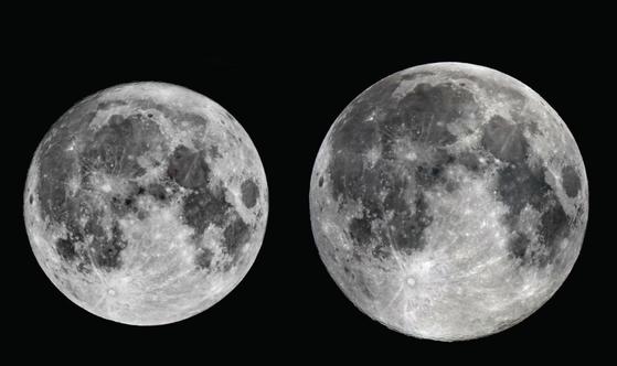 슈퍼문(오른쪽)은 가장 작은 둥근달보다 14% 더 크고, 30% 더 밝다.        [사진 한국천문연구원]