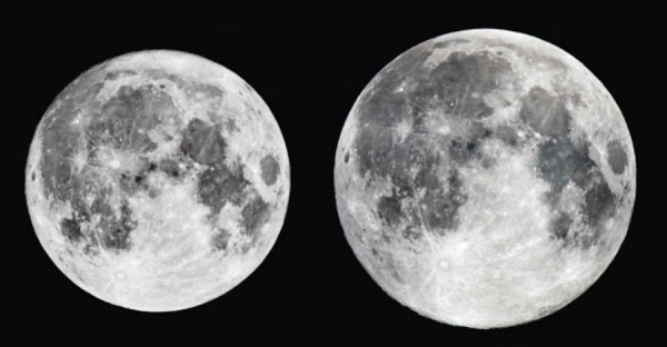 4일 0시 47분에 뜨는 '슈퍼문'(오른쪽) 예상도. 올해 가장 작게 보였던 보름달(왼쪽·6월 9일 오후 10시 10분)보다 14％가량 더 커 보일 것으로 예상된다./한국천문연구원