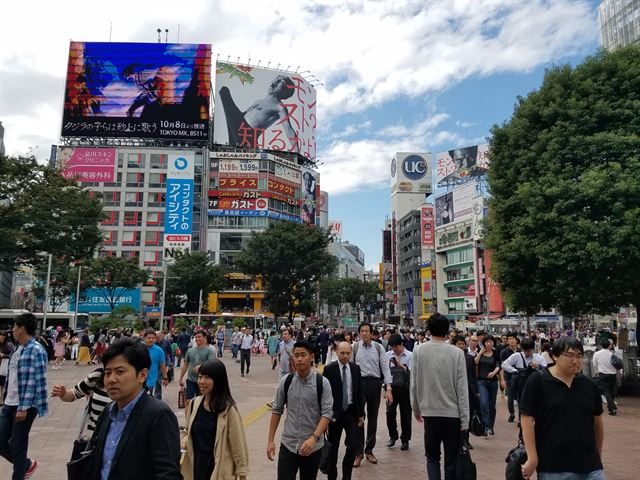 일본 도쿄 시내를 상징하는 시부야 교차로의 모습.   한국일보 자료사진