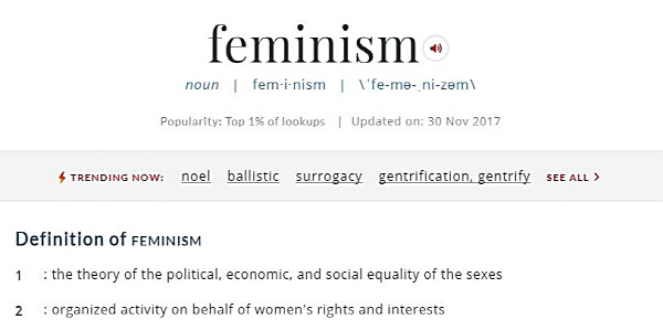 메리엄-웹스터 온라인 사전의 ‘페미니즘(feminism)’ 검색 결과. ‘검색 횟수가 상위 1%에 든다(Top 1% of lookups)’고 적혀 있다.