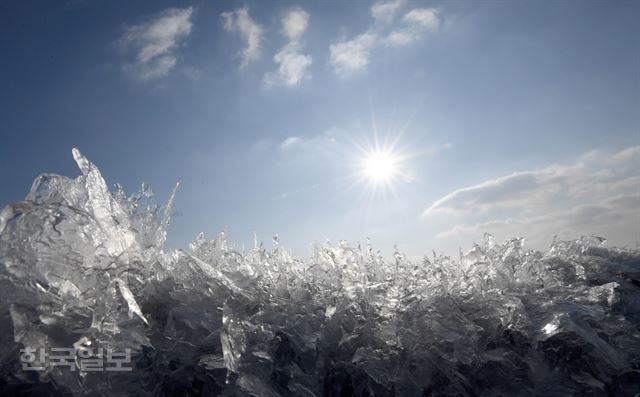 전국에 한파가 몰아친 11일 강화군 분오리 주변 바닷가가 꽁꽁 얼어 얼음꽃을 만들고 있다. 서재훈기자