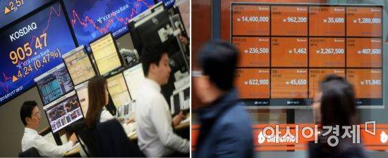 코스닥지수가 전 거래일 대비 1.14포인트 오른 902.37에 개장, 상승세를 이어가고 있는 17일 서울 을지로 KEB하나은행 딜링룸에서 딜러들이 업무를 보고 있다. 반면 정부의 가상통화 규제 발언이 잇따르면서 가상통화 가격이 폭락하고 있다. 비트코인 거래가가 25% 하락하고 리플코인, 퀀텀코인 등 일부 가상통화는 전날보다 40% 넘게 급락했다. 이날 시민들이 서울 중구의 한 가상통화 거래소에 설치된 시세판 앞을 지나고 있다. /문호남 기자 munonam@