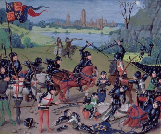 아쟁쿠르 전투도. 1415년 벌어진 이 전투는 퇴각하는 영국군을 쫓은 프랑스 대군이 당연히 압승할 것이라 예상됐지만, 전투 중간 내린 소나기가 승패를 완전히 뒤바꾼 전투로 유명하다.(사진=위키피디아)