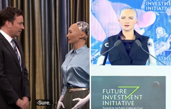 소피아가 미국 TV 프로그램 지미 팰런 투나잇쇼에 출연한 모습(왼쪽)과 UN 경제사회이사회에서 발언 중인 모습. /유튜브 캡처