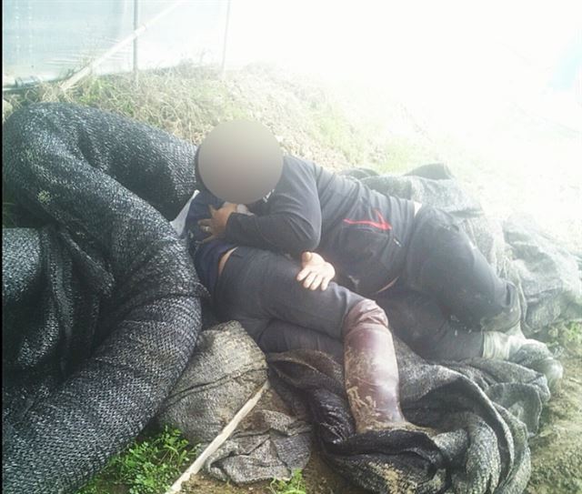 충남 논산의 한 딸기농장에서 누워서 휴식을 취하고 있던 여성노동자(왼쪽)를 농장주가 다가와 껴안고 있다. 동료 노동자가 몰래 촬영한 사진이다. ‘지구인의 정류장’ 제공