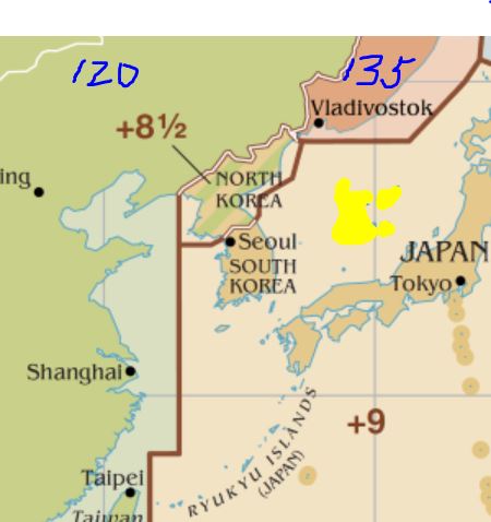우리나라 시간대는 일본과 마찬가지로 동경 135도(+9)에 맞춰져 있다. 그 결과 서울 청소년의 생체시계는 이 시간대에 비해 30분 정도 늦은 반면 도쿄 학생은 20분 이르다. 서울에서 9시 등교를 실시하더라도 도쿄에서 8시 등교인 것과 마찬가지라는 말이다. 참고로 북한은 한반도를 관통하는 127.5도(+81/2)로 정했다. - 위키피디아 제공