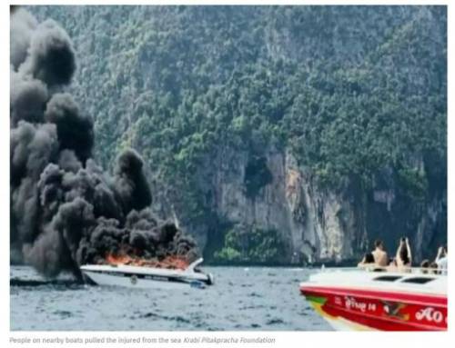 지난달 14일(현지시간) 태국 남부 푸켓에서 관광객을 태운 채 피피섬으로 향하던 스피드보트에서 불이 타오르고 있다. 인디펜던트 캡처