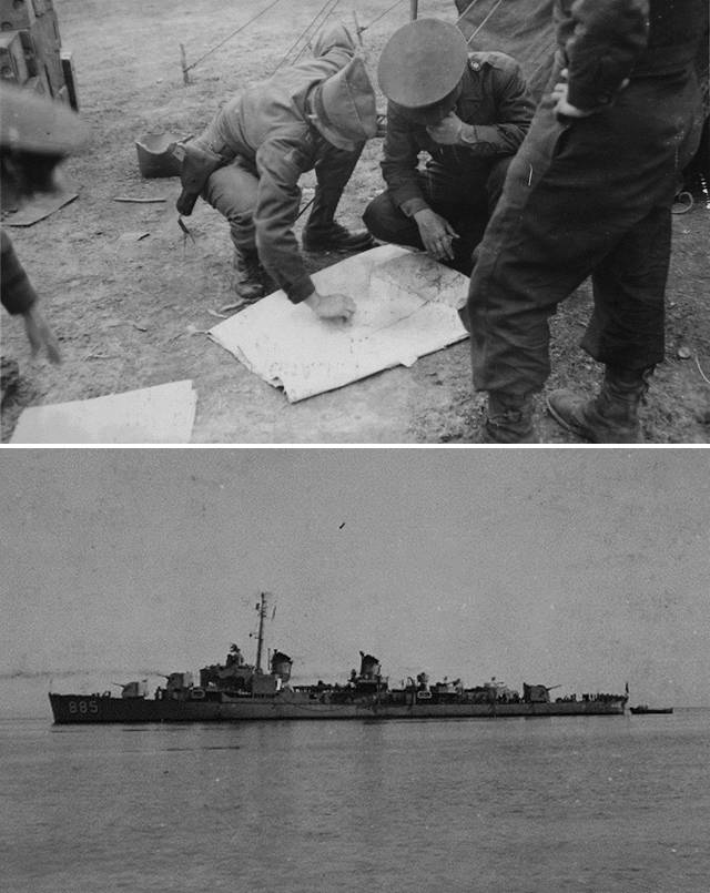 제주도 국방경비대 고문 리치 대위와 국방경비대 장교들이, 공산주의자들이 점령한 마을의 공격 계획을 세우고 있다(위). 제주항 밖에 정박한 미 구축함의 존 R. 크레이그의 모습(아래). 국사편찬위원회 제공/ 국사편찬위원회 제공