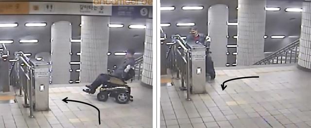 지난해 10월 20일 신길역 휠체어리프트 사고 당시 모습. 한모씨가 호출버튼을 누르기 위해 계단을 등지고 있다. 장애인차별금지추진연대 제공