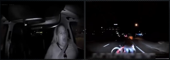 미국 애리조나주 경찰이 2018년 3월 21일 공개한 우버 자율주행차 사망 사고 영상. 왼쪽은 자율주행차 운전석에 앉아 있던 우버 엔지니어, 오른쪽은 차량에 치어 숨진 보행자 엘레인 허츠버그. / ABC뉴스 캡처