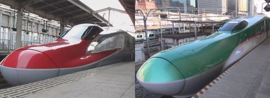 세계 최초의 고속철도인 일본 신칸센 열차. 사진은 가장 최신모델로 2011년부터 운행된 E5계와 E6계(왼쪽 빨강) 열차가 플렛폼에 정차한 모습.[사진=유튜브 화면캡처]