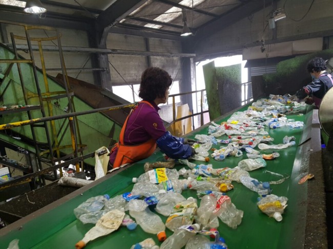 강남의 한 재활용업체에서 폐페트병을 분리하는 모습. 윤정희 기자/cgnhee@