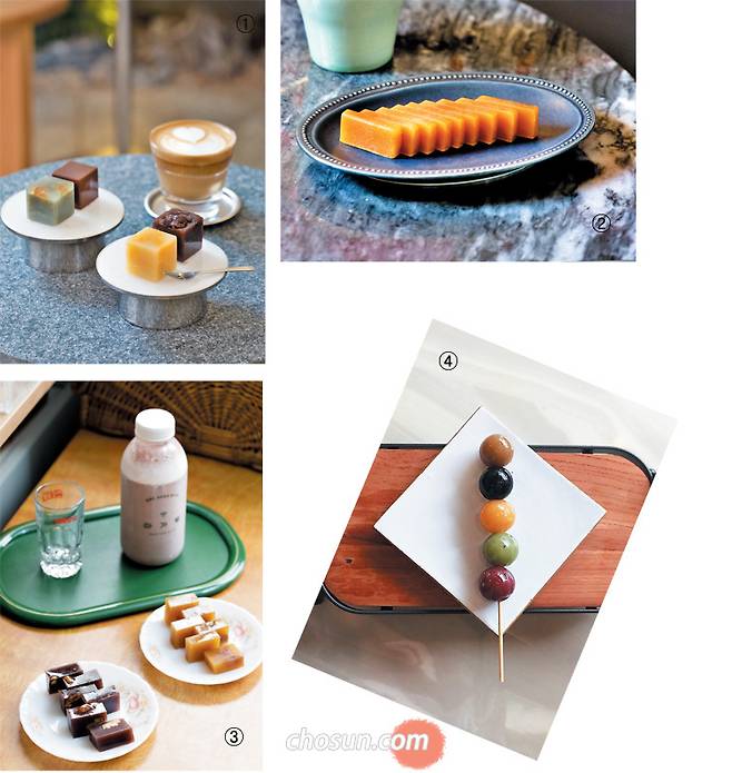 1 정사각형 모양에 '르큐브'라는 이름을 붙인 서울 한남동 카페 '오리앙떼'의 양갱. 2 도라지 진액으로 만든 서울 한남동 카페 '도라지17'의 도라지양갱. 3 '코리안 레트로 디저트'를 만드는 서울 망원동 '마가렡'의 양갱과 팥라떼. 4 색색의 동그란 모양이 이색적인 광주광역시 1913송정역시장 '갱소년'의 알양갱. / 임영근 영상미디어 기자