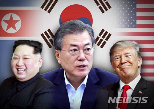(왼쪽부터) 김정은 위원장, 문재인 대통령, 도널드 트럼프 대통령