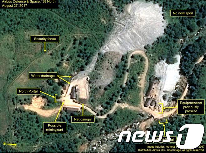 지난해 9월 있었던 북한 6차 핵실험 직전 촬영된 함경북도 풍계리 핵실험장 위성사진. (38노스 캡쳐) 2017.9.3/뉴스1