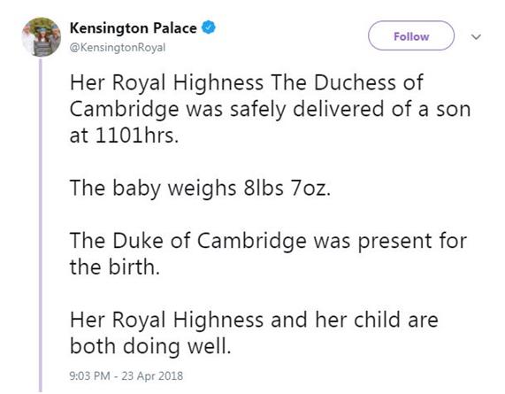 윌리엄 영국 왕세손 부부의 셋째 출산 소식을 전한 켄싱턴궁 공식 트위터