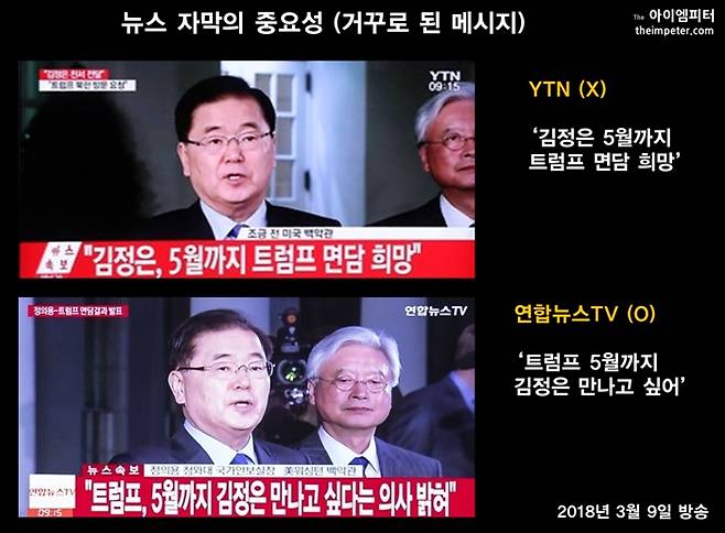 김정은의 트럼프 면담 희망에 대해 트럼프는 5월까지 만나고 싶다는 의사를 밝혔다. 당시 YTN은 거꾸로 메시지를 전달했다. ⓒ임병도