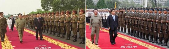 왼쪽부터 지난 2000년, 1차 남북정상회담 당시 북한군의 사열을 받고 있는 김대중 대통령 모습과 2007년 2차 남북정상회담 당시 북한군 사열을 받는 노무현 대통령 모습(사진=아시아경제DB)