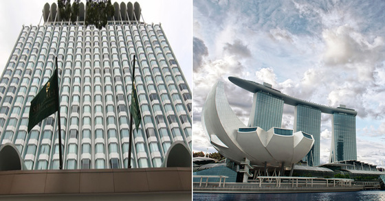 6월 12일 열릴 북미정상회담 후보지로 거론되는 싱가포르 샹그릴라 호텔(왼쪽)과 카지노가 포함된 복합리조트인 마리나베이샌즈 호텔(오른쪽). [싱가포르=연합뉴스, 중앙포토]