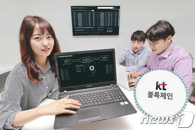 서울 서초구 KT 융합기술원 블록체인센터에서 직원들이 블록체인 기반 실시간 로밍 자동정산 기술을 소개하고 있다.(KT제공)© News1