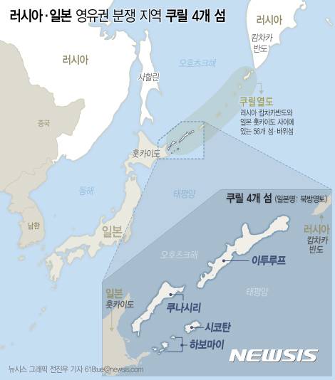 【서울=뉴시스】전진우 기자 = 러시아와 일본의 영유권 분쟁 지역인 쿠릴 4개 섬(일본명 북방영토)의 모습. 쿠릴 4개 섬이란 러시아 캄차카반도와 일본의 홋카이도(北海道) 사이에 있는 56개 섬과 바위섬으로 이뤄진 쿠릴열도의 남단에 위치한 4개 섬(이투르프, 쿠나시리, 시코탄, 하보마이)이다. 쿠릴 4개 섬은 현재 러시아가 실효 지배하고 있지만 일본은 반환을 요구하고 있다. 그러나 러시아는 이 섬들이 2차 세계대전 종전 후 러시아에 귀속됐다며 맞서고 있는 상황이다.618tue@newsis.com