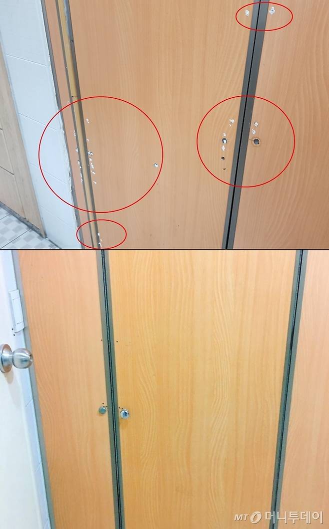 신촌 A빌딩의 한 화장실. 2004년 지어져 깨끗하게 관리되고 있는 건물이었지만 유독 해당 층 여자화장실(위)에만 구멍이 많았다. 반면 같은 층 남자화장실(아래)은 깨끗했다. /사진=박가영 기자, 유승목 기자