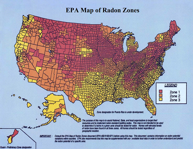 미국은 1989년부터 3년간 전국적으로 실내 라돈 농도를 조사해, 라돈지도를 완성했다. - EPA 제공