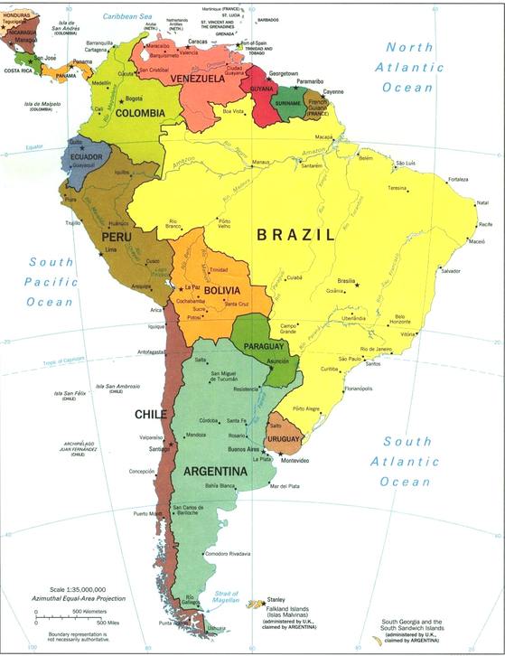 남미 지도. 볼리비아는 지도에서 보듯 사방이 막힌 내륙국이다.