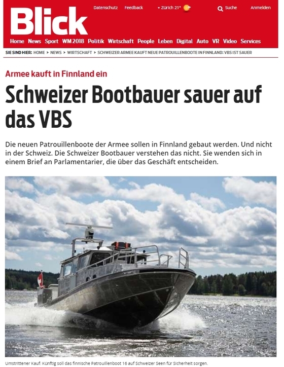 2016년 스위스군이 국산 대신 핀란드제 고속정을 구입하자 스위스 국내 선박회사들이 분노한다는 내용의 스위스 신문 기사.  [Blick 캡처]