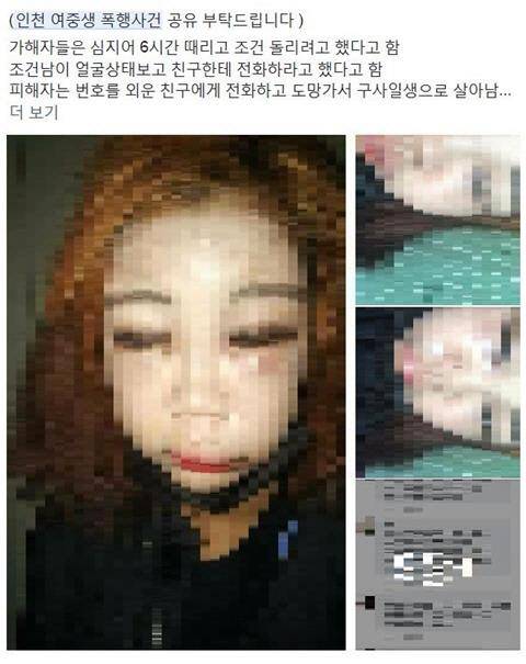 '인천 여중생 집단 폭행사건'이라고 퍼진 여고 3학년생 B양의 폭행 페이스북 사진. <인터넷 커뮤니티>