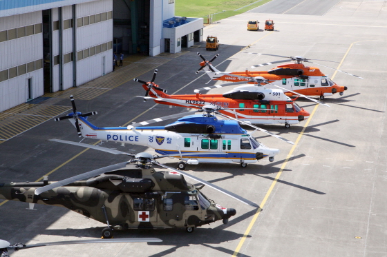 (왼쪽부터)의무후송전용헬기, 참수리 경찰헬기, 산림헬기, 제주소방헬기/사진제공=한국항공우주산업